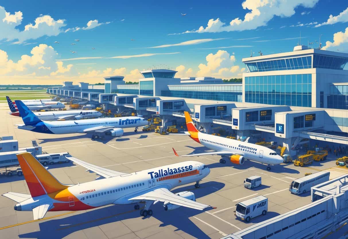 A busy airport scene showing several commercial airplanes from major airlines parked at gates and taxiing, with an airport terminal and ground vehicles in the background under a clear sky.