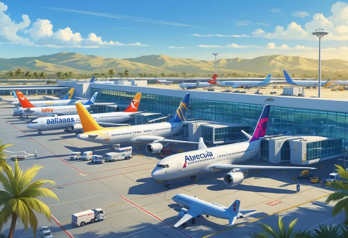 An airport terminal with several airplanes parked at gates, surrounded by palm trees and hills under a clear sky.