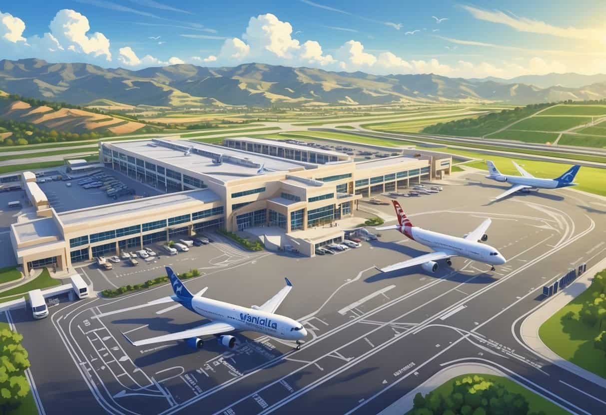 A detailed view of Temecula California Airport with airplanes, terminal buildings, roads, shuttle buses, and surrounding hills and vineyards.