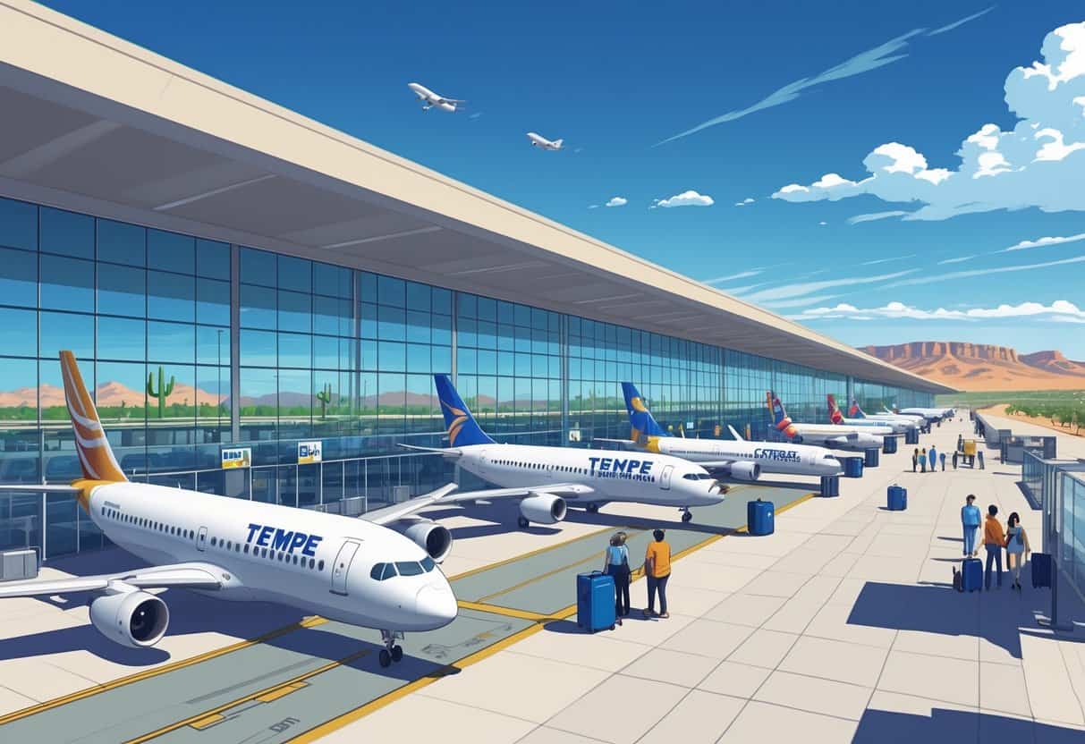 A busy airport terminal in Tempe, Arizona with airplanes parked at gates, passengers walking with luggage, and a desert landscape with mountains in the background.