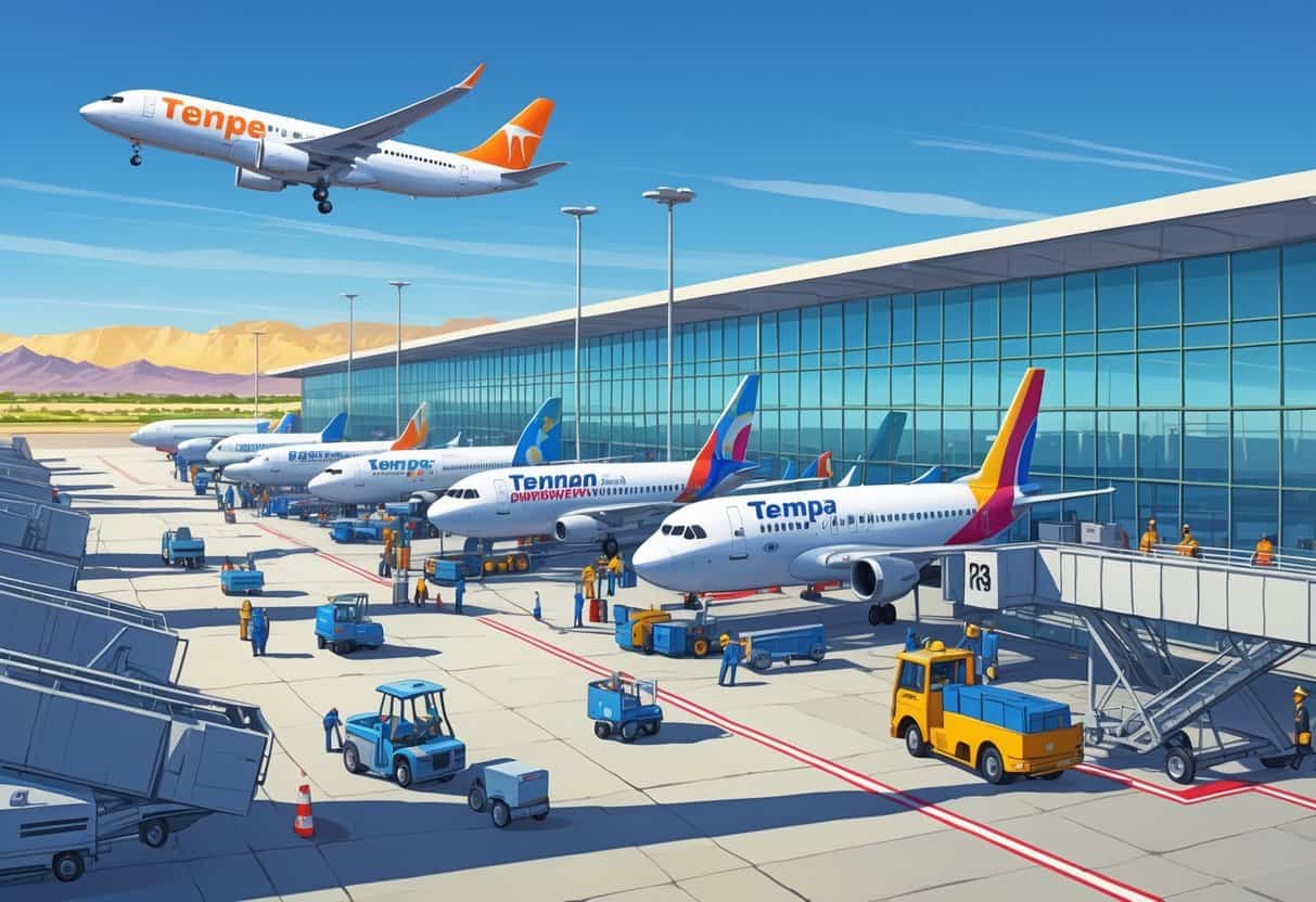 Airport terminal at Tempe, Arizona with several commercial airplanes parked at gates, ground vehicles servicing planes, passengers and staff moving around, and a desert landscape with mountains in the background.