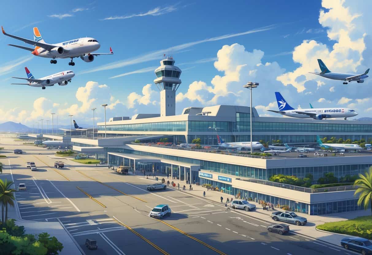 A busy airport scene with airplanes taking off and landing near a modern terminal building, airport vehicles, and travelers walking with luggage.