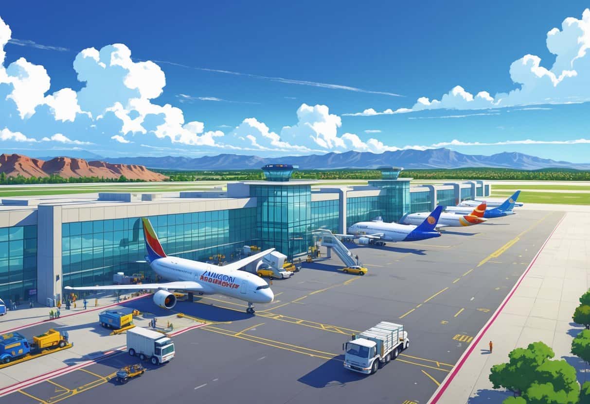 Airport terminal at Thornton Colorado with airplanes parked at gates and mountains in the background.