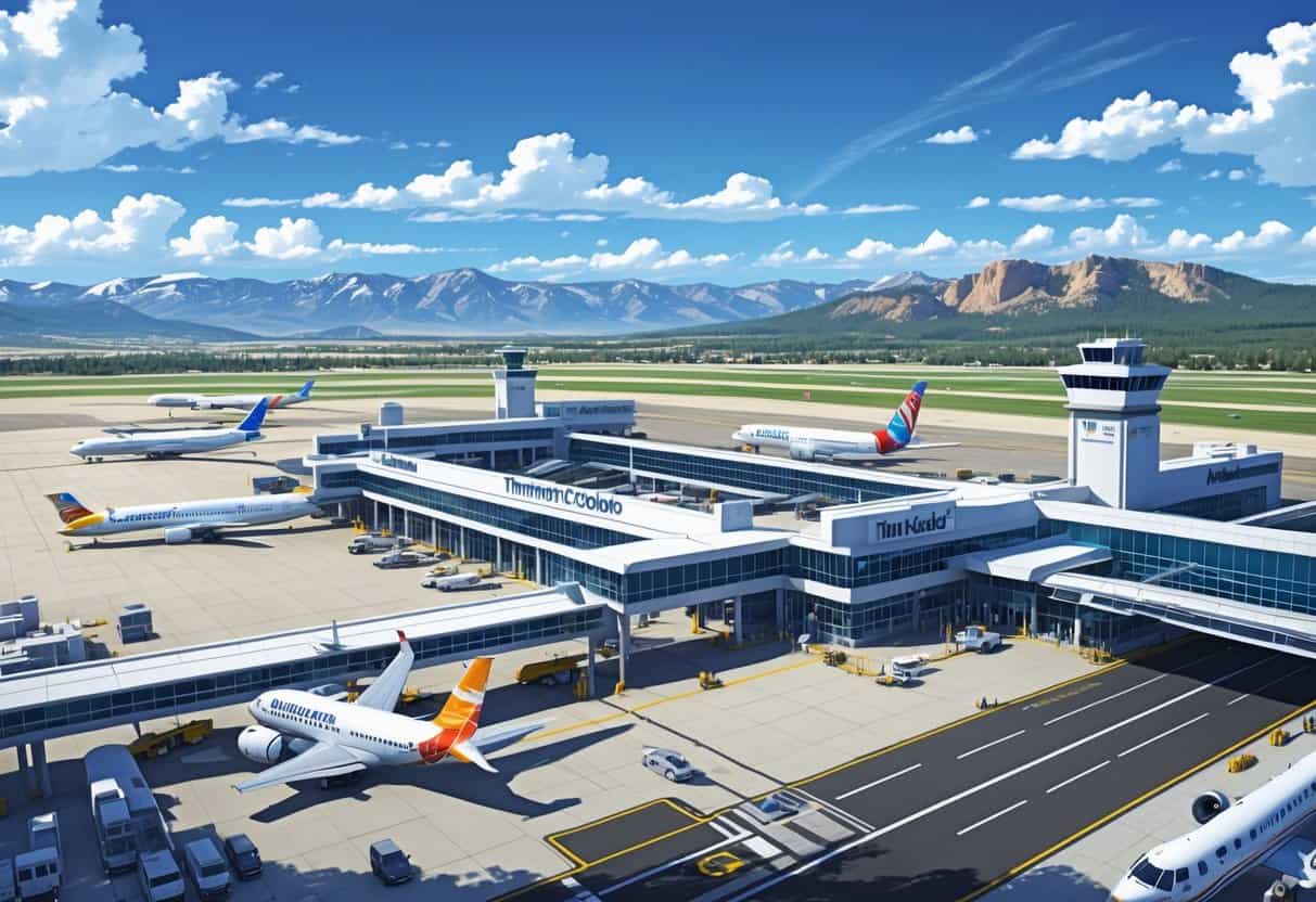 A busy airport terminal with several airplanes from different airlines parked and taxiing, set against a backdrop of mountains and clear sky.