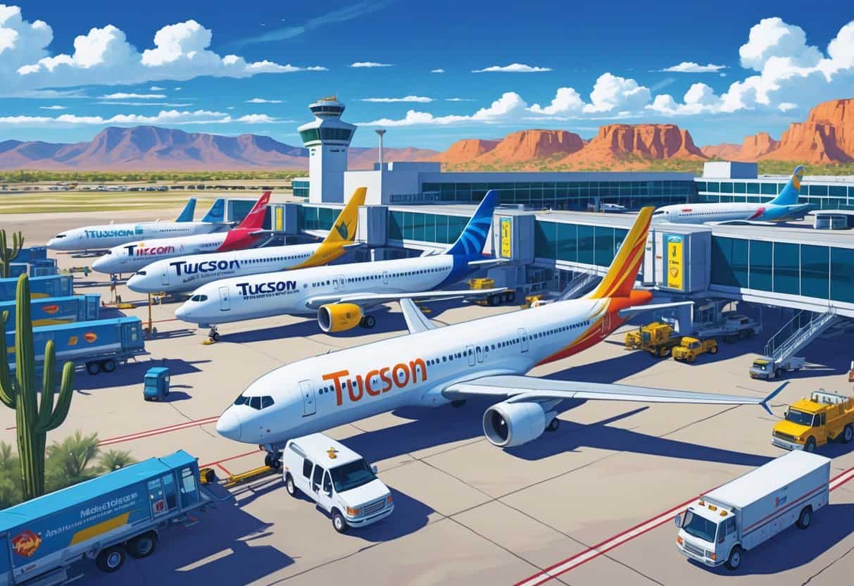 Airplanes from major airlines parked at Tucson Arizona Airport with the terminal, desert landscape, and mountains in the background.