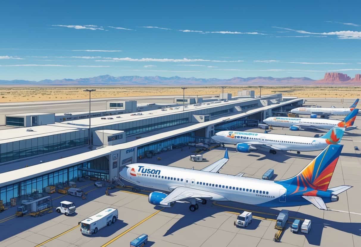 An airport terminal with airplanes from various airlines parked at gates, set against a desert landscape with mountains in the background.