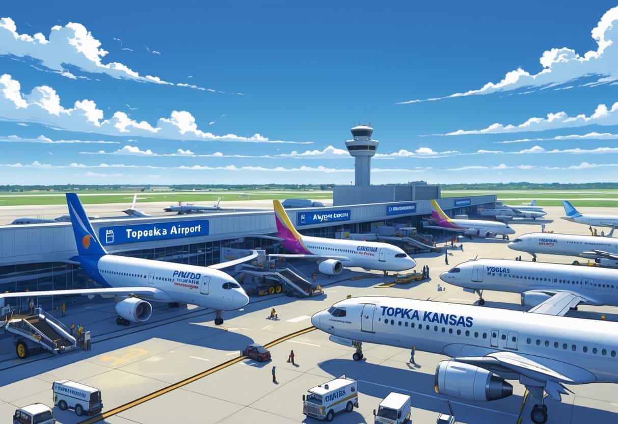 A busy airport terminal at Topeka Kansas Airport with several airplanes from different airlines parked at gates, airport staff and passengers moving around, and a control tower in the background under a clear sky.