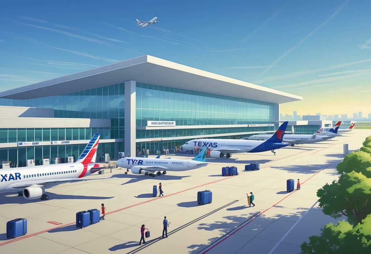 A daytime scene of Tyler Texas Airport showing airplanes parked at gates, passengers walking with luggage, and airport staff outside a modern terminal building surrounded by trees.