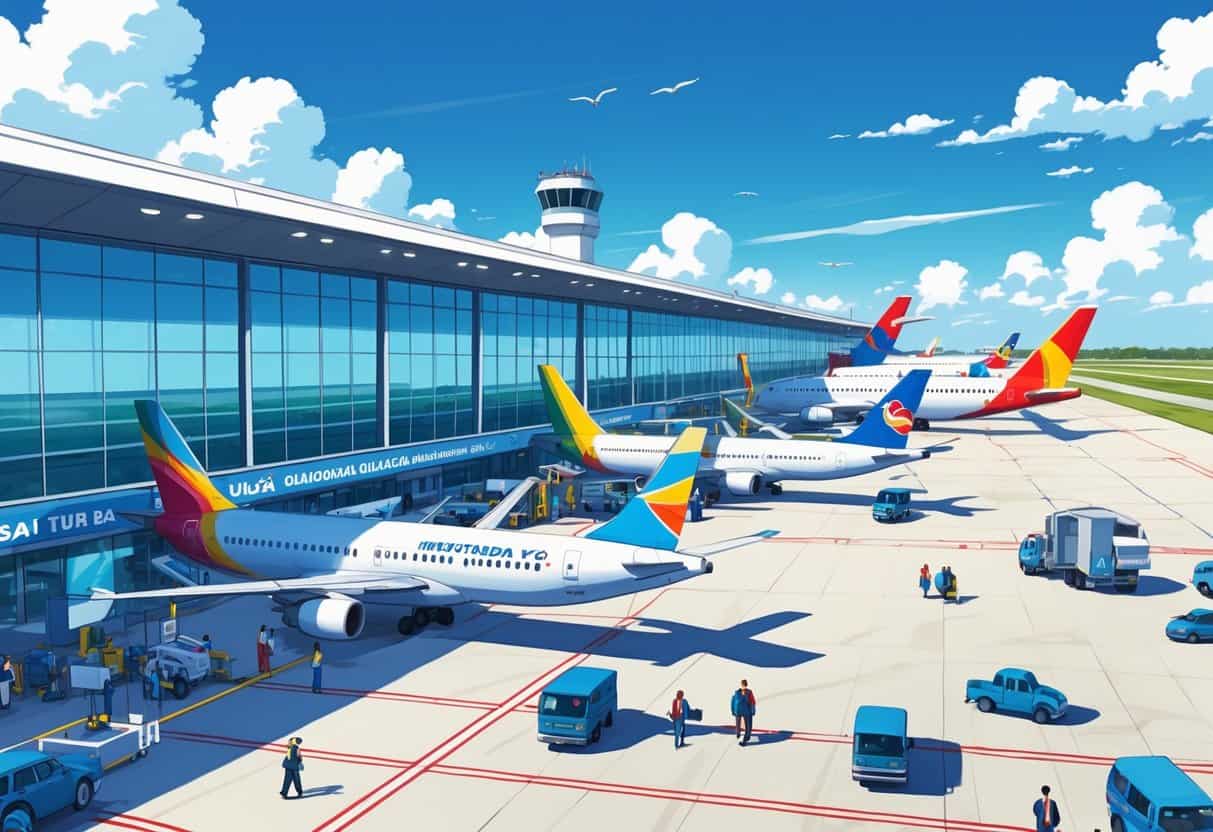 An airport scene showing airplanes from various major airlines parked at gates outside a modern terminal with passengers and ground crew active nearby.