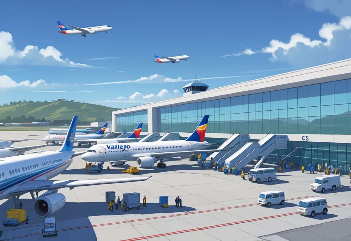 An airport terminal with airplanes parked at gates and passengers boarding and disembarking during the day.