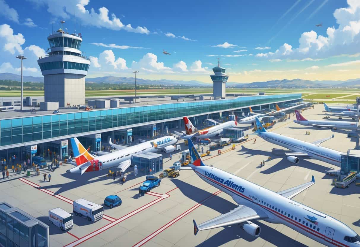 A busy airport terminal with multiple airplanes from different airlines at gates and taxiways, airport buildings, control towers, and passengers moving around the area.