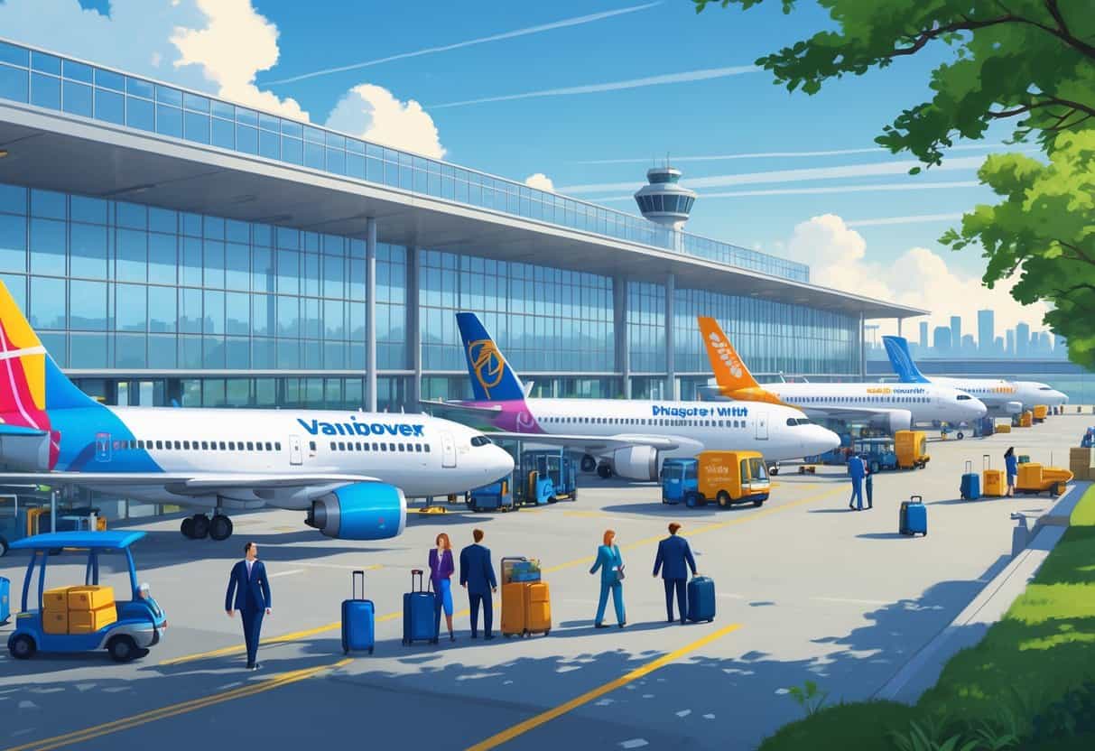 An airport terminal with airplanes parked at gates, passengers walking with luggage, and airport staff working on a clear day.