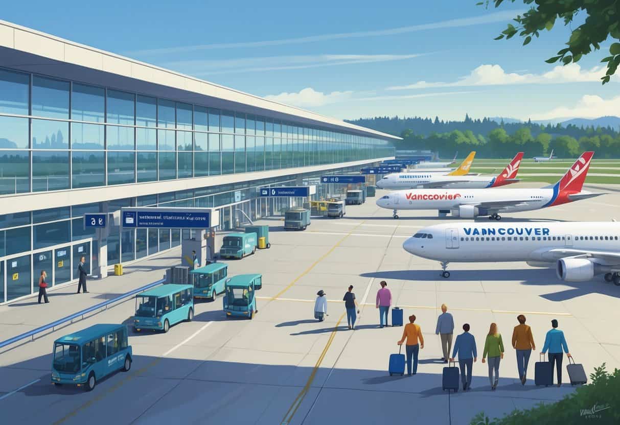 A busy airport scene showing airplanes from various airlines parked at gates with travelers walking toward the terminal and a cityscape in the background.
