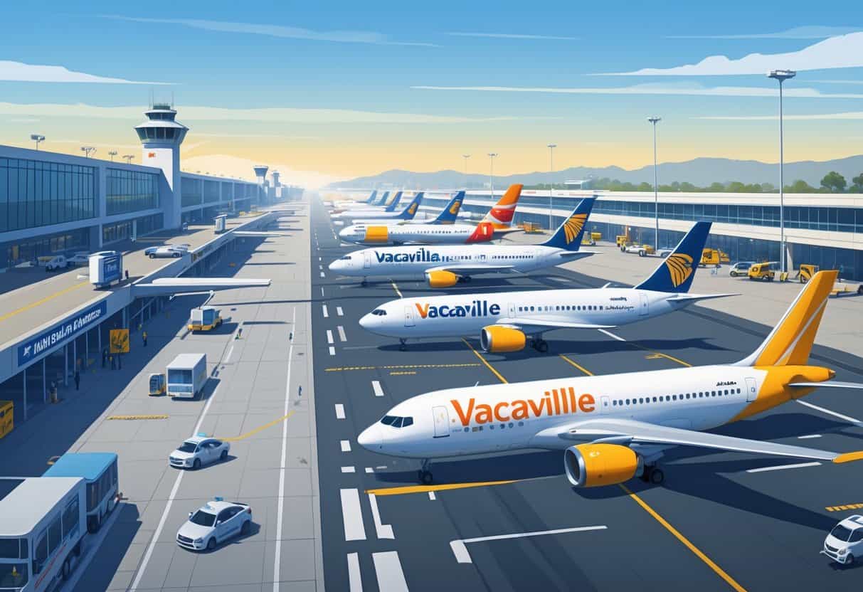 Airplanes from several major airlines at Vacaville California Airport with terminal buildings and airport staff in a clear daylight scene.