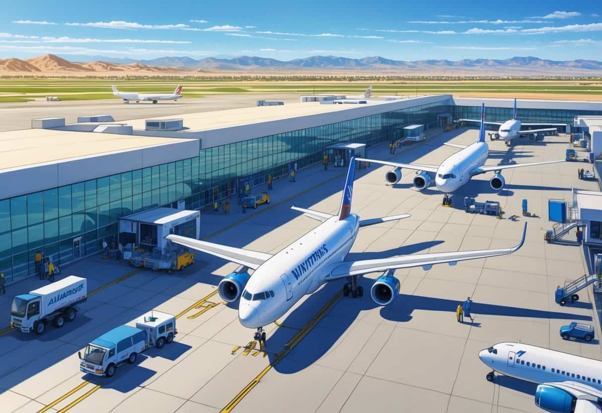 A busy airport terminal at Victorville California Airport with airplanes parked at gates, ground vehicles operating, and passengers and staff moving around under a clear blue sky and desert mountains in the background.