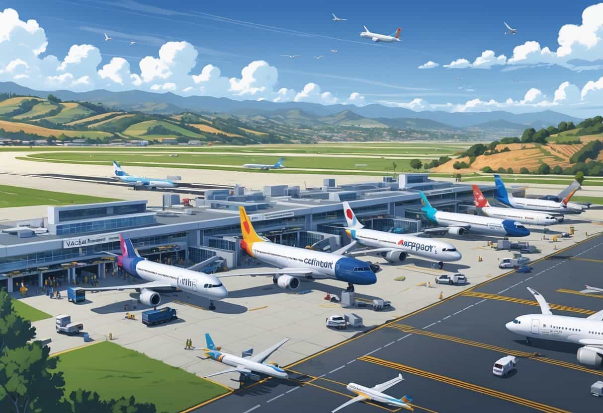 An airport terminal with multiple airplanes from various airlines parked at gates, surrounded by hills and vineyards near Vacaville, California.