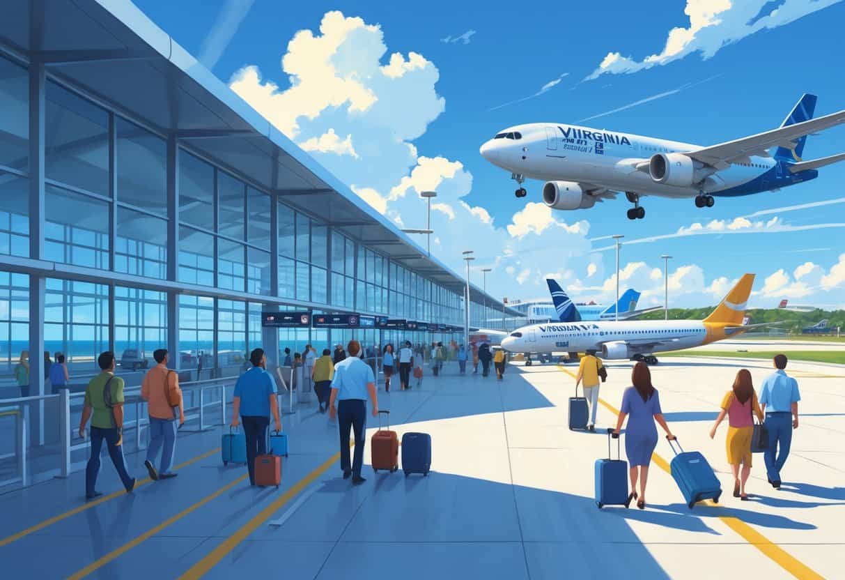 A busy airport terminal at Virginia Beach with airplanes parked at gates, passengers walking with luggage, and a clear sky with the coastline in the background.
