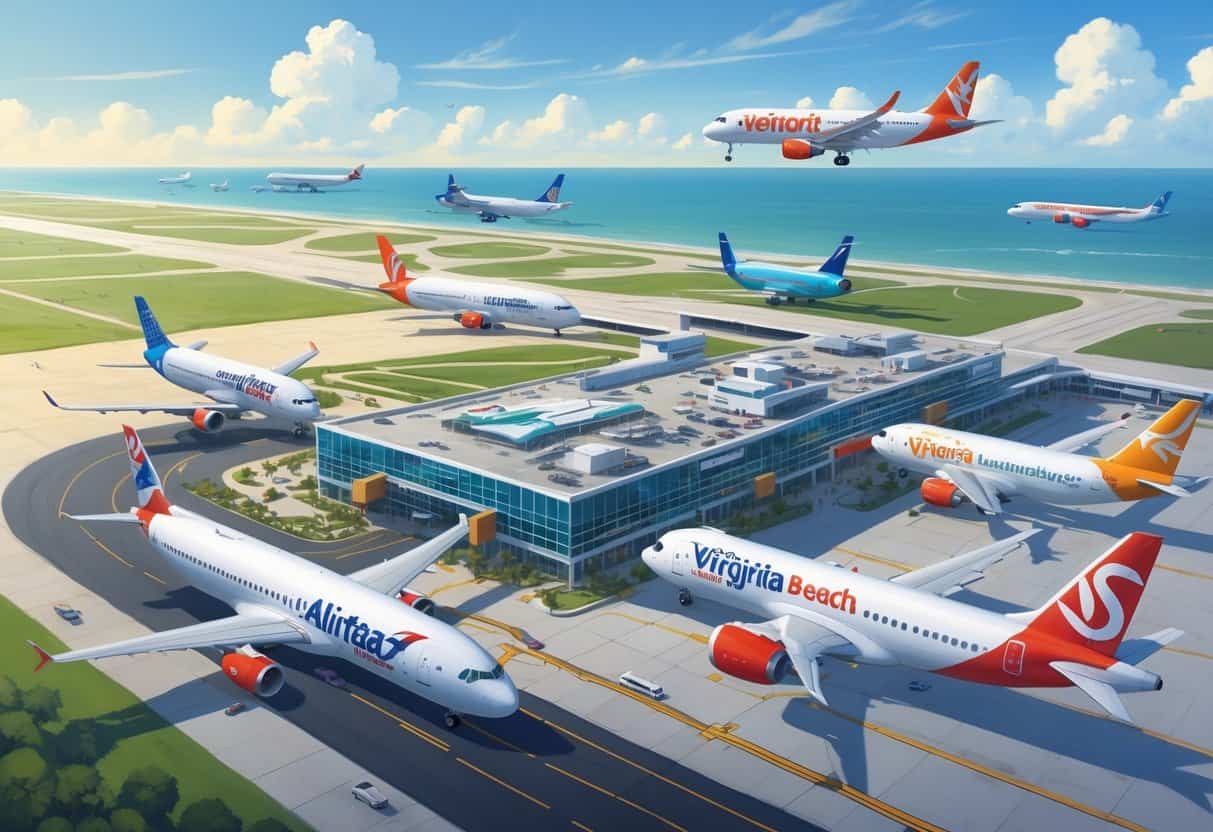 An airport by the coast with several airplanes from different airlines taxiing, taking off, and flying above, with runways, terminal buildings, and a beach nearby.