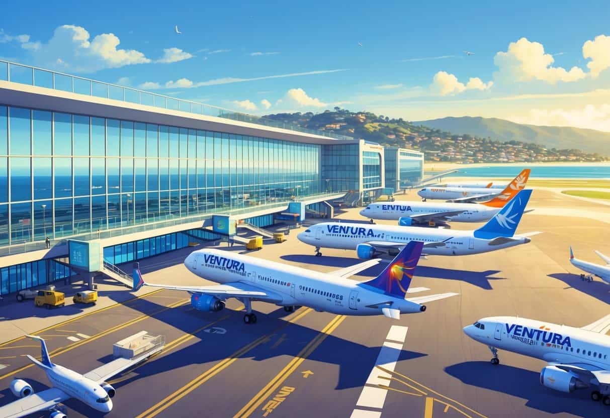 An airport scene showing several airplanes from different airlines parked at gates and taxiing, with a terminal building and coastal hills in the background.