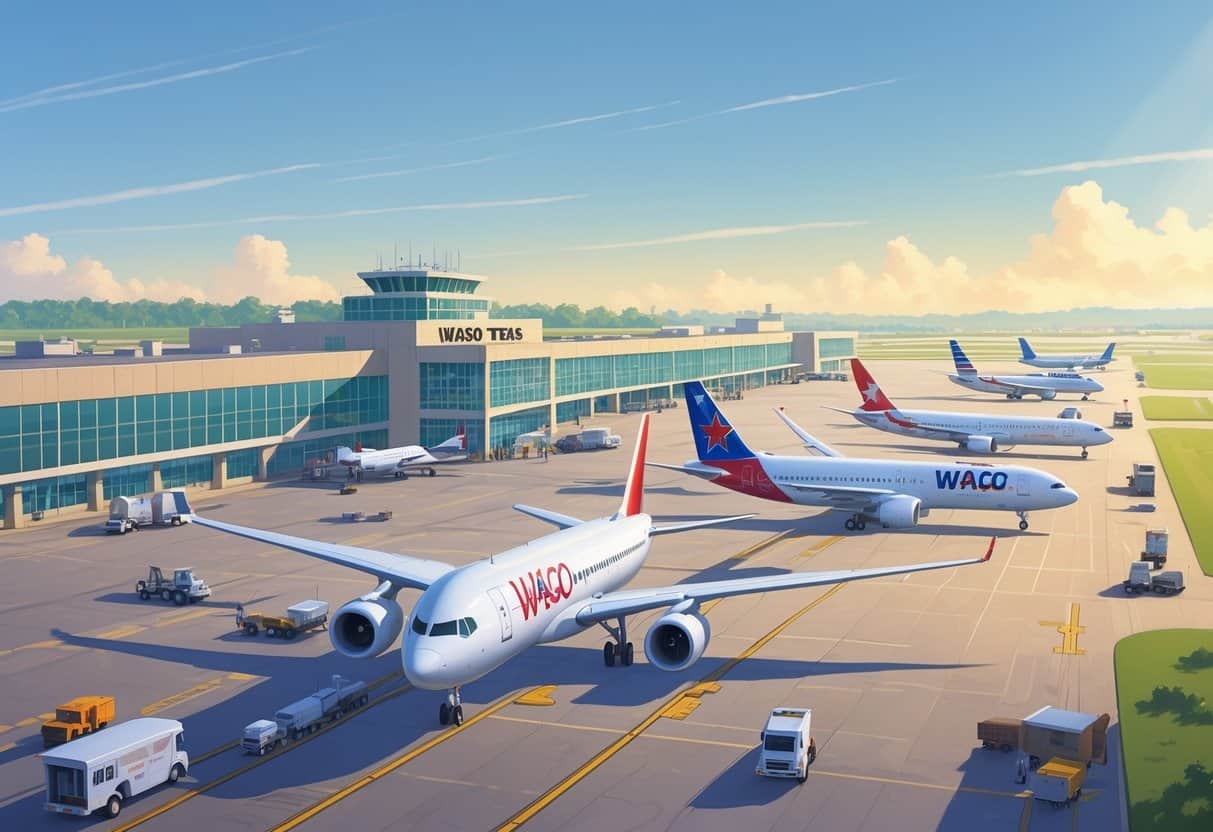Airplanes from major airlines at Waco Texas Airport with terminal building and airport staff visible under a clear sky.