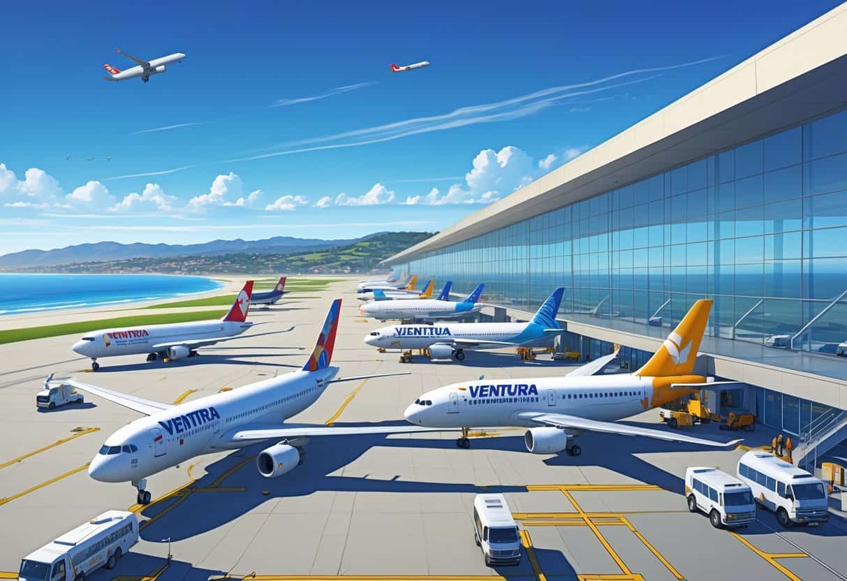 Airport terminal with multiple commercial airplanes from different airlines parked at gates, set against a coastal landscape with hills and ocean in the background.