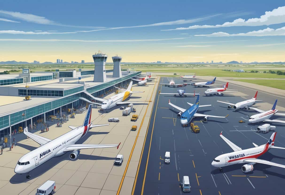 An airport scene showing airplanes from various airlines at gates and on the runway with airport staff and vehicles, set against a Texas landscape.