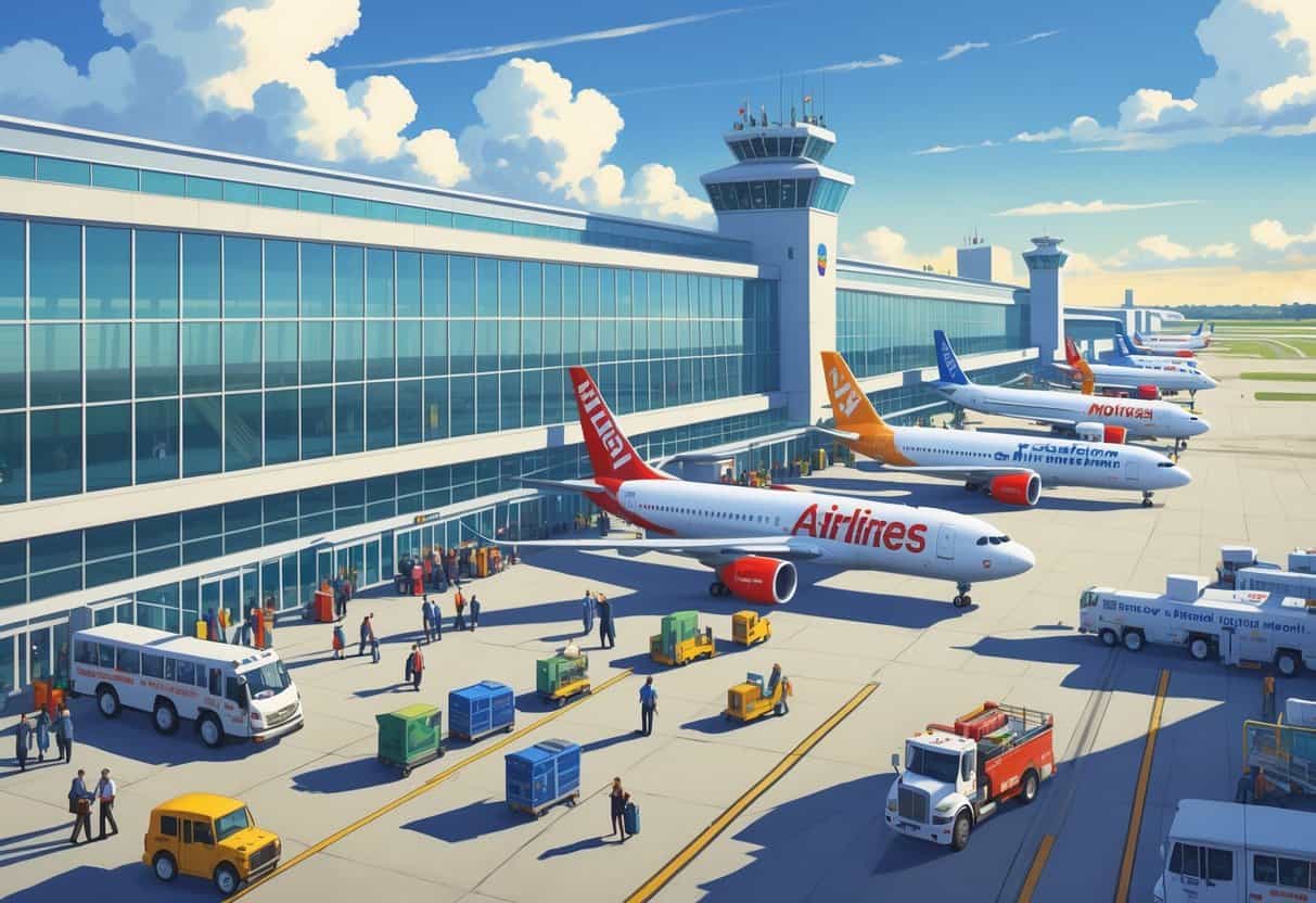 A busy airport scene showing Warren Michigan Airport with airplanes from various airlines at gates, passengers walking, and airport staff and vehicles working around the terminal.