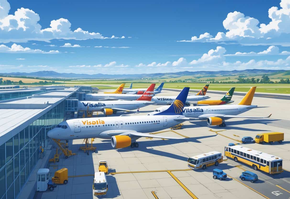 A regional airport with several commercial airplanes parked at gates, ground vehicles moving around, and rolling hills visible in the background.