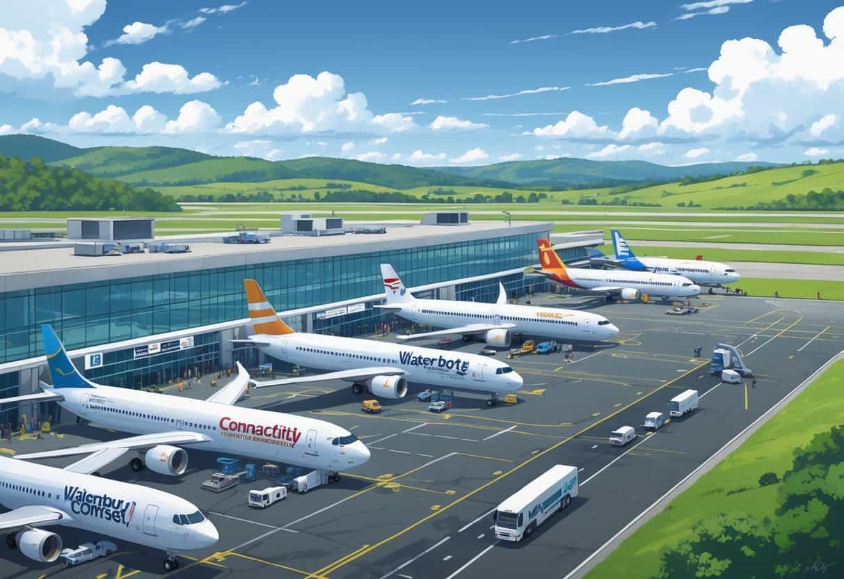 A busy regional airport scene with airplanes parked at gates, a modern terminal building, passengers walking, and green hills in the background.
