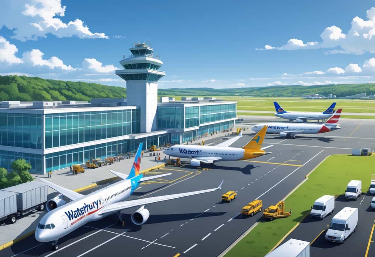 A busy regional airport terminal with airplanes from multiple airlines parked at gates, airport staff, and passengers, set against a clear sky and green landscape.
