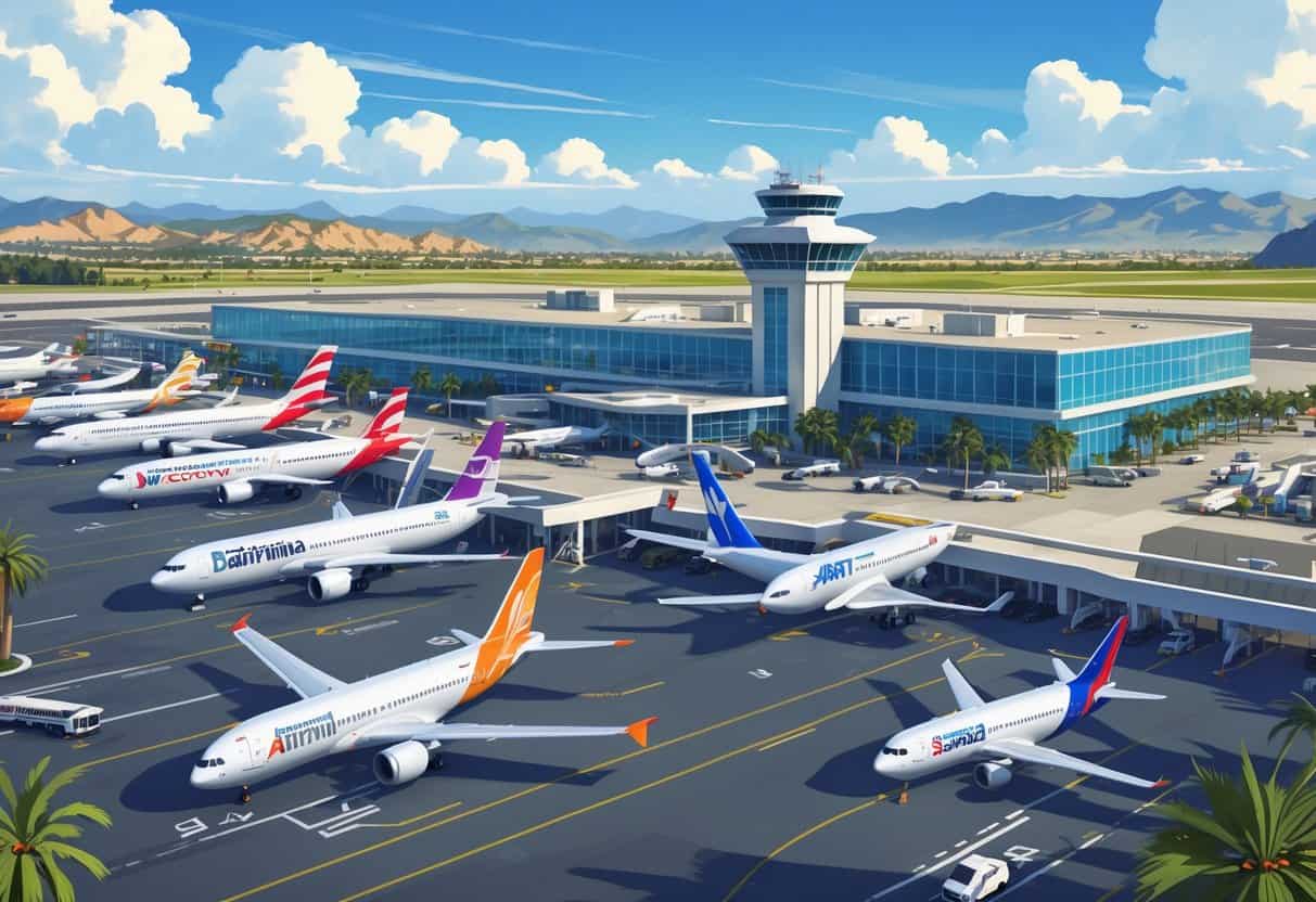 A busy airport with airplanes from various airlines parked and taxiing near a terminal surrounded by palm trees and hills under a clear blue sky.