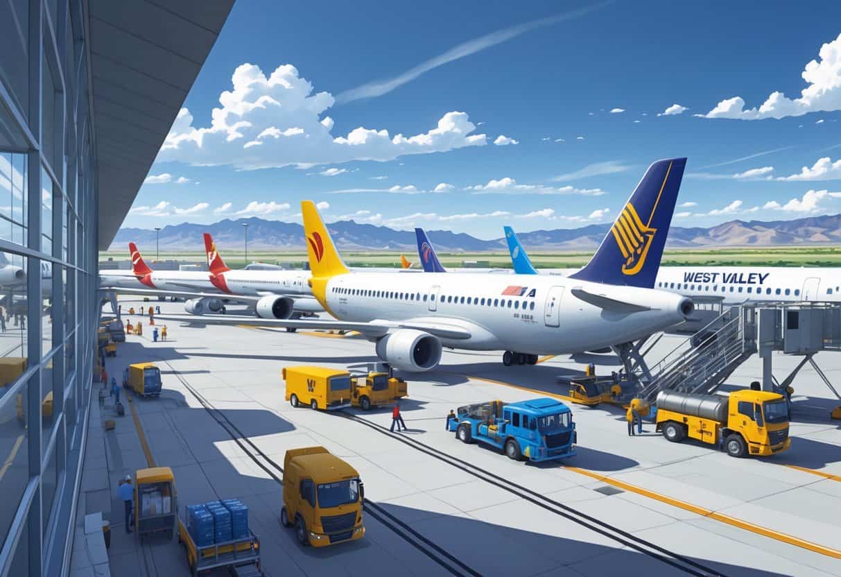 A modern airport terminal with airplanes parked at gates, passengers boarding, and mountains visible in the background.