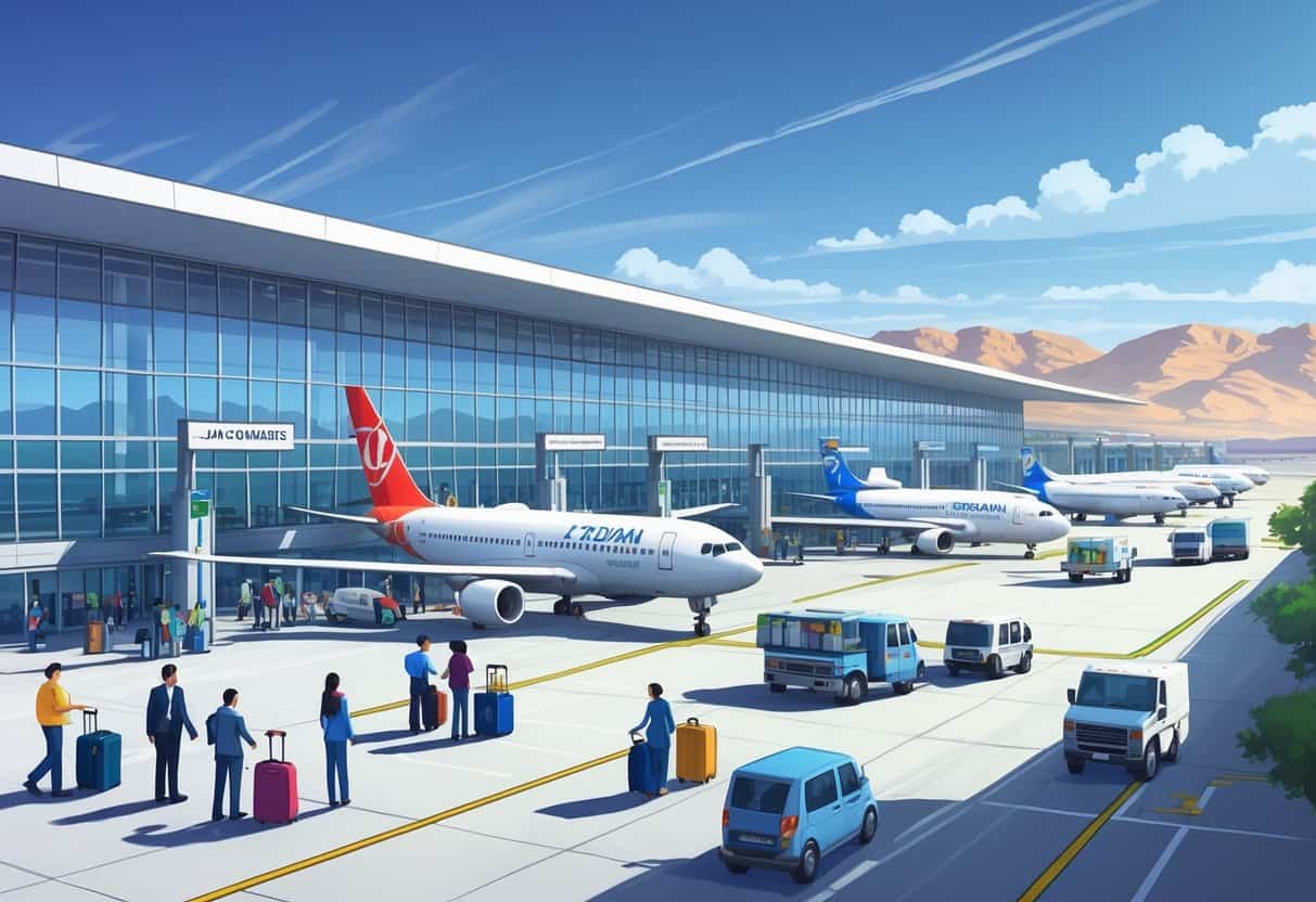 A busy airport terminal with airplanes parked at gates, travelers walking with luggage, airport staff, and ground vehicles, set against a clear sky and distant mountains.