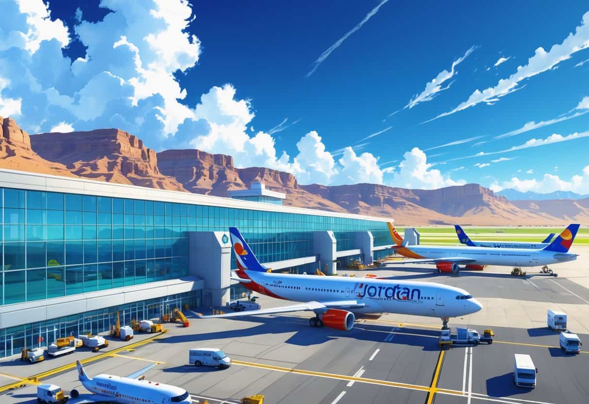An airport terminal with airplanes parked and taxiing, set against mountains and a blue sky.