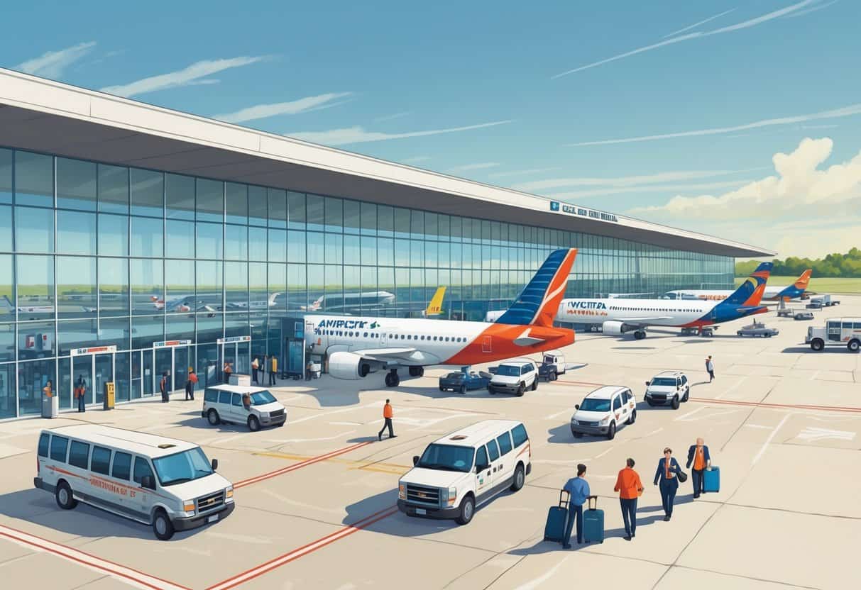 A busy airport terminal with airplanes from different airlines parked at gates, travelers walking with luggage, and airport staff assisting, set against a clear sky and flat Texas landscape.