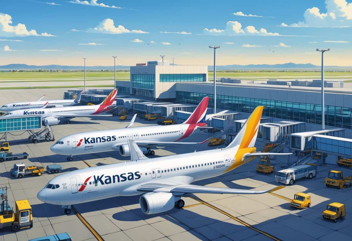 An airport scene showing several commercial airplanes from major airlines parked at gates with ground vehicles and a terminal building in the background.