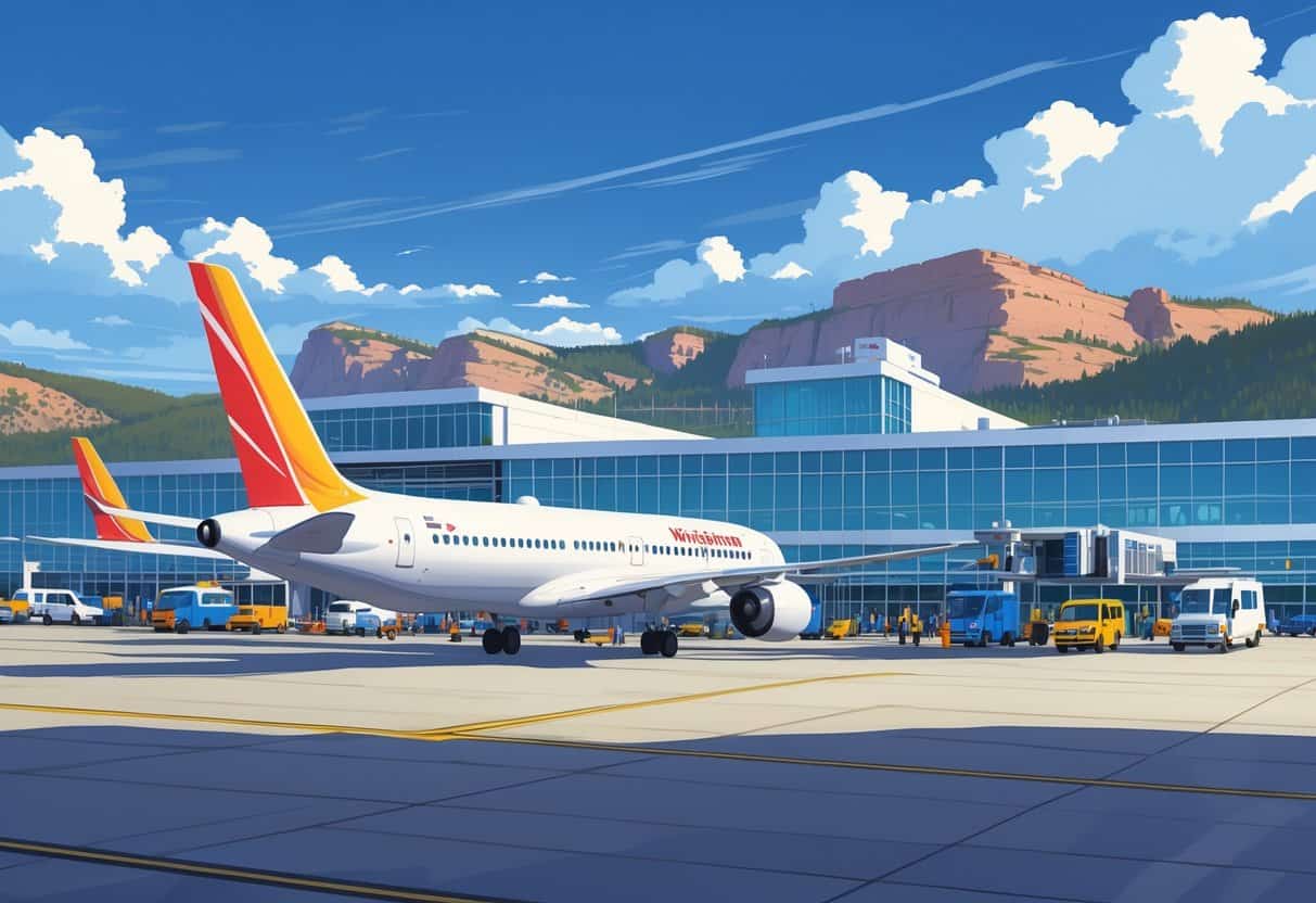 An airport scene showing a passenger airplane on the runway near a terminal with mountains in the background.