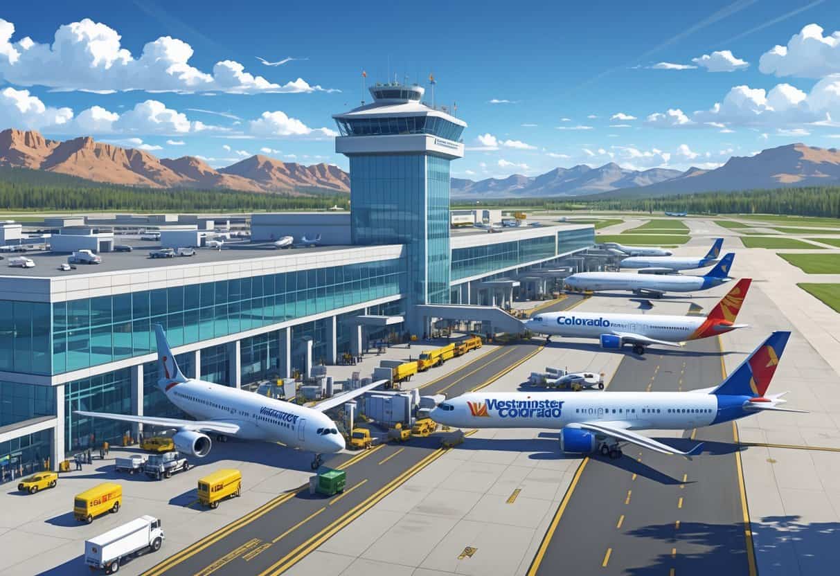 A busy airport terminal with airplanes from multiple airlines on the runway and gates, set against mountains and clear skies.