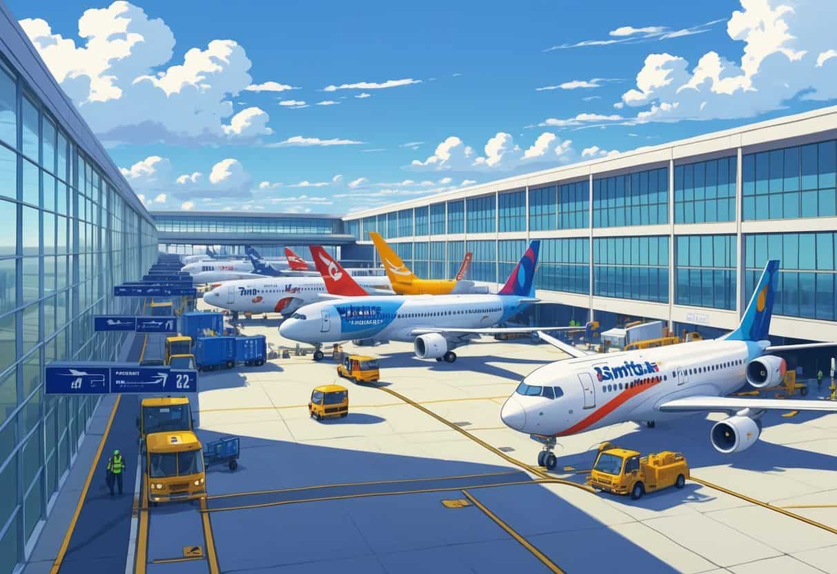 A busy airport terminal with several commercial airplanes parked at gates, passengers walking nearby, and ground service vehicles in operation under a clear sky.