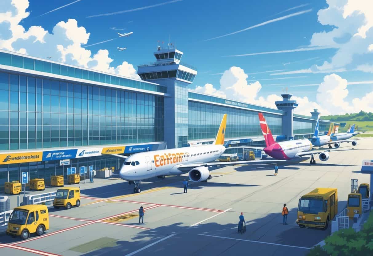 A busy regional airport with airplanes from various airlines parked and taxiing near a modern terminal building under a clear sky.