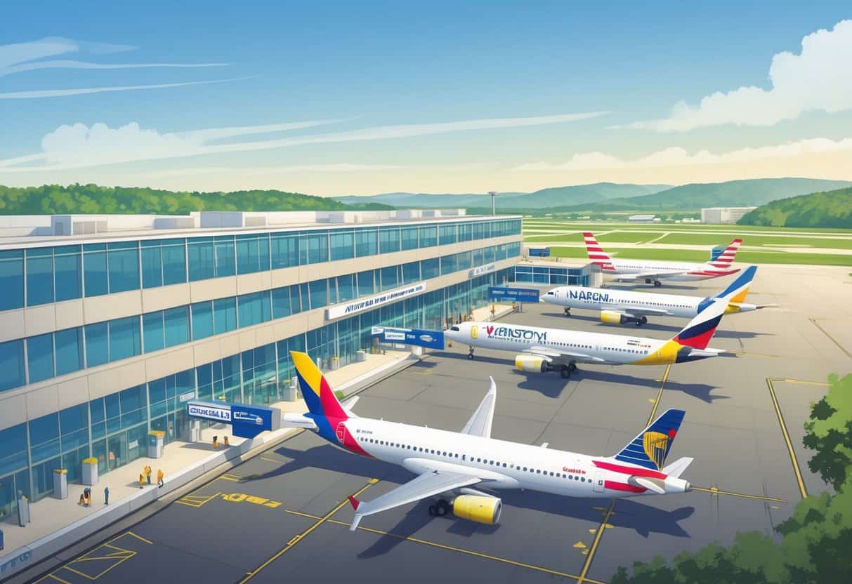 An airport terminal with multiple airplanes from major airlines parked and taxiing, set against a backdrop of rolling hills and clear sky.