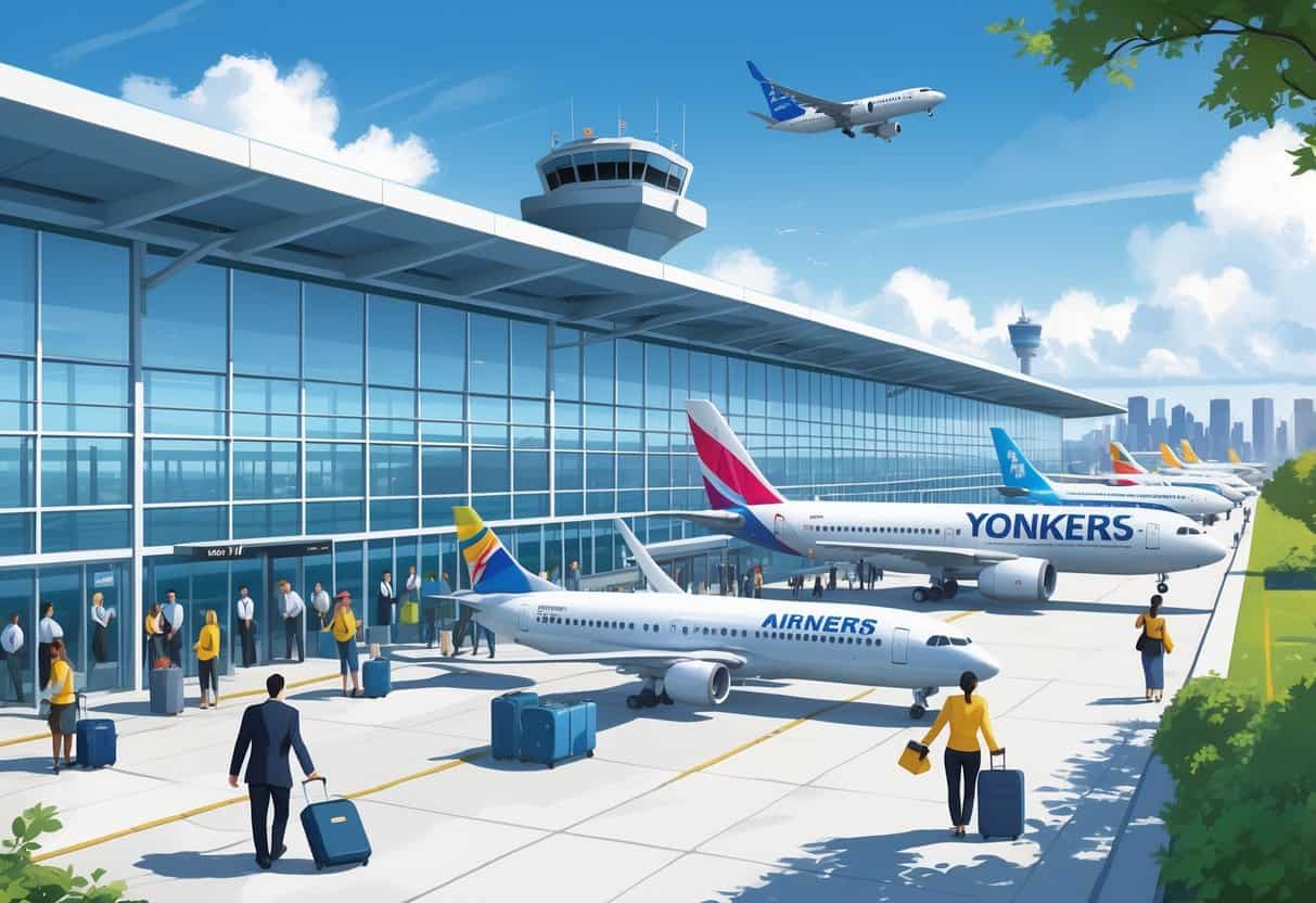 A busy airport scene at Yonkers New York Airport with airplanes at gates, travelers, and airport staff near a modern terminal building.