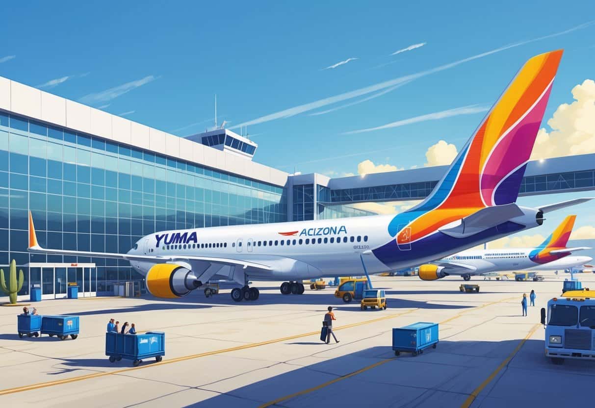 Airplanes from major airlines parked at the gates of Yuma Arizona Airport with the terminal building and desert landscape in the background.