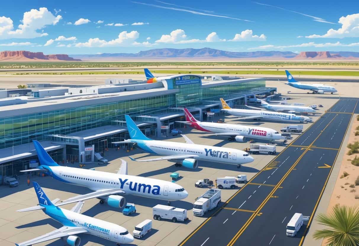 View of Yuma International Airport with airplanes parked at gates, ground vehicles on the tarmac, and desert mountains in the background under a clear sky.