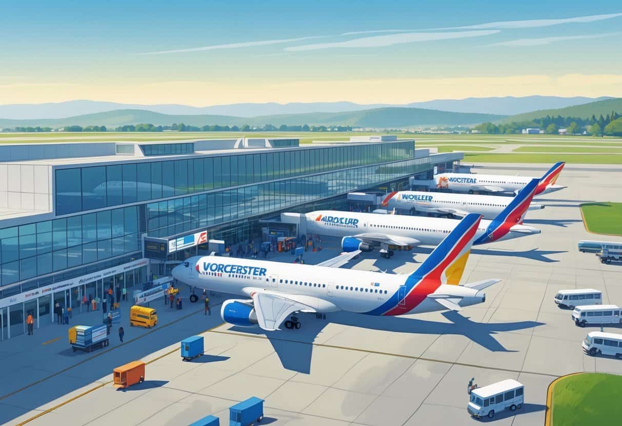 An airport terminal at Worcester Massachusetts with several commercial airplanes parked near gates and people moving around on a clear day.