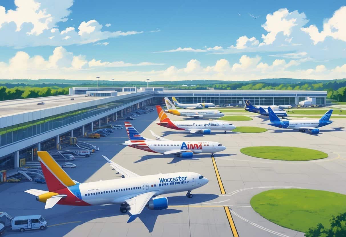 An airport scene showing several airplanes from different airlines parked and taxiing at Worcester Massachusetts Airport with the terminal and city landscape in the background.