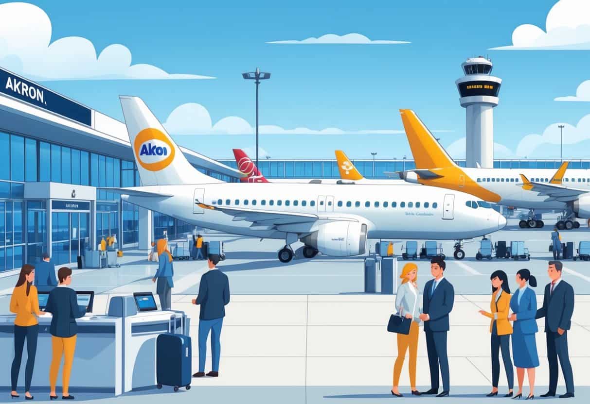 An airport scene in Akron, Ohio, showing airplanes from various airlines and travelers interacting with airline staff at the terminal.