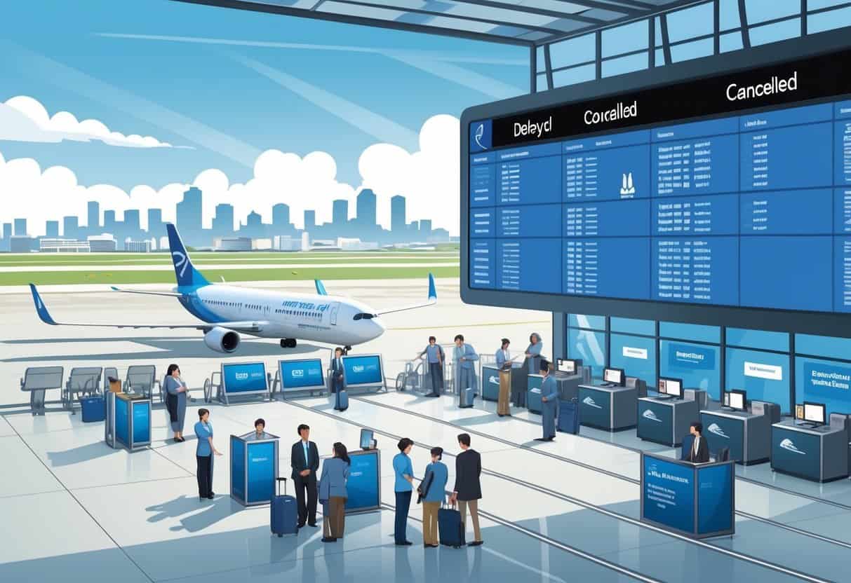 An airport terminal in Akron, Ohio with airplanes, passengers, and airline staff managing flight delays and cancellations.