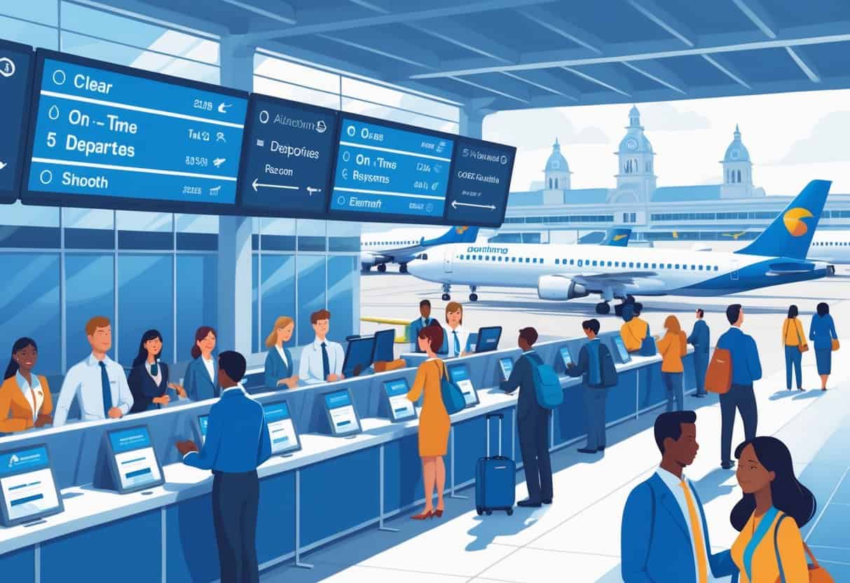 An airport scene in Albany, New York with travelers calmly checking in at airline counters and airplanes parked near the terminal.