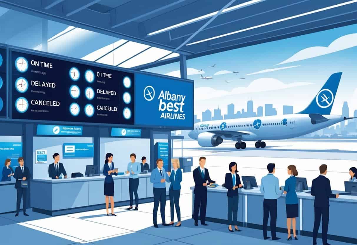 Airport terminal scene showing travelers and airline staff near flight information displays and an airplane outside, representing flight delays and cancellations policies.